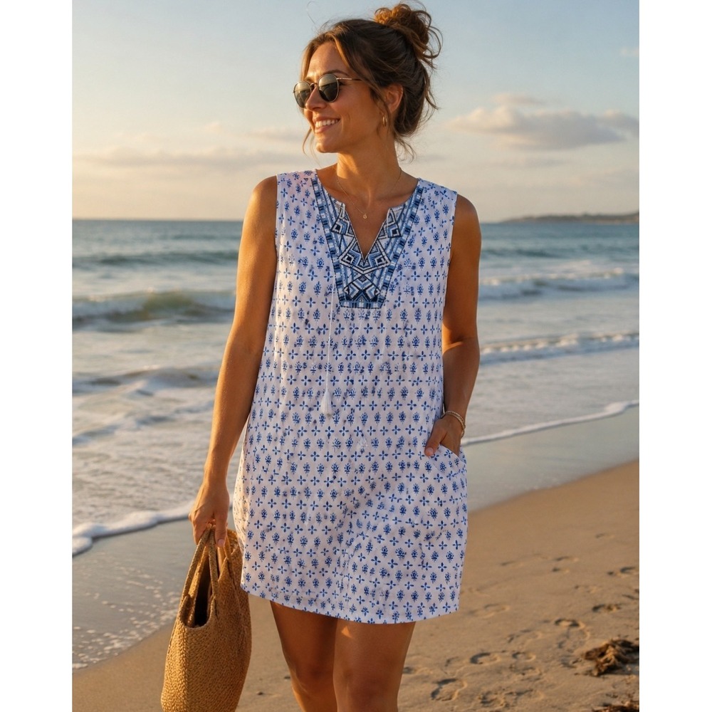Beachlunchlounge Womens Blue White Embroidered Tassel V-Neck Shift Dress NWT M - Picture 1 of 5